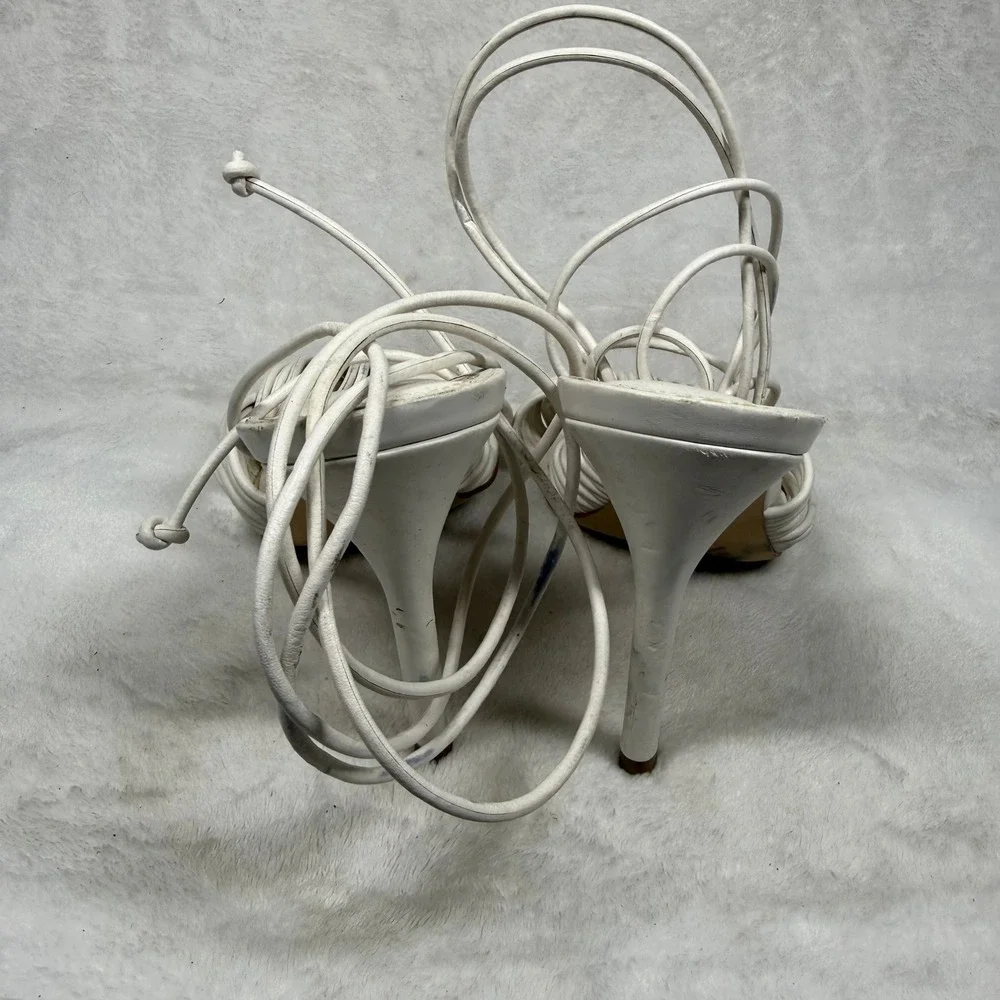 Marc Fisher LTD White‎ Leather Lace Up Strappy Stiletto Heels Knotted Sandals 8